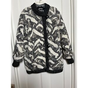 Vintage Claudia Barnes L Cozy Oversized Sweater Coat Black White Abstract 80s